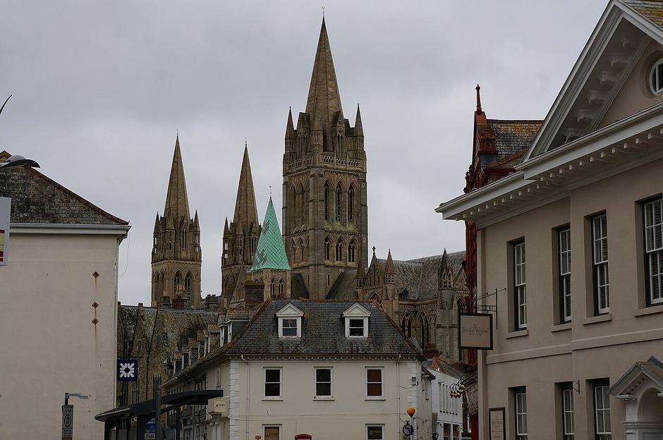 The three spires of Truro Cathedral above the city
