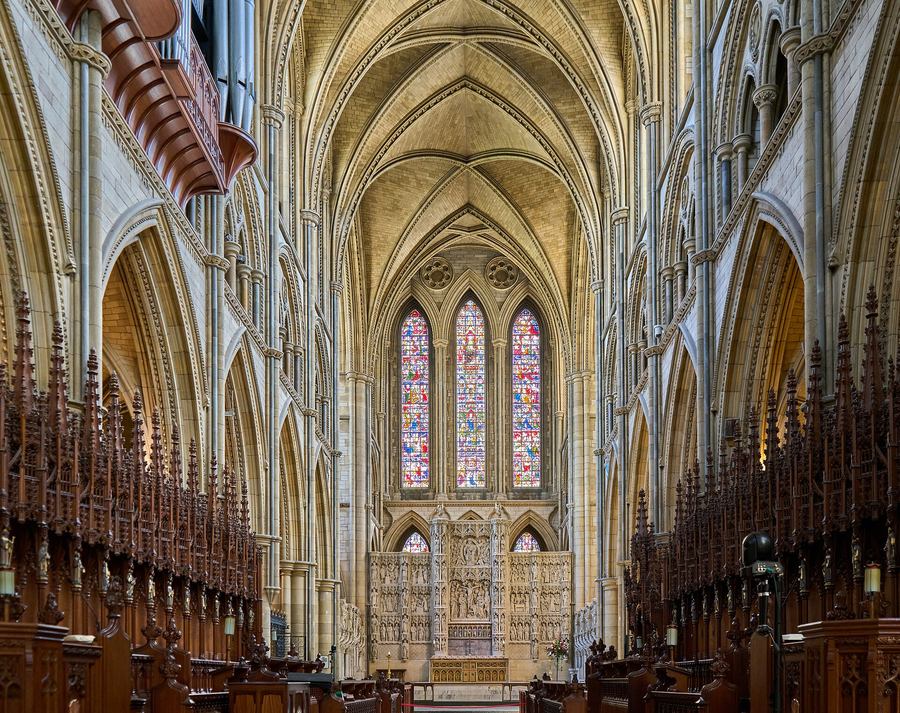 The quire of Truro Cathedral with its stalls, vault and the reredos beyond