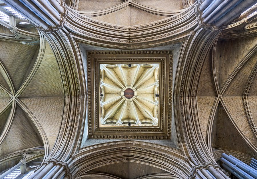 Looking up into the vault beneath the central tower of Truro Cathedral