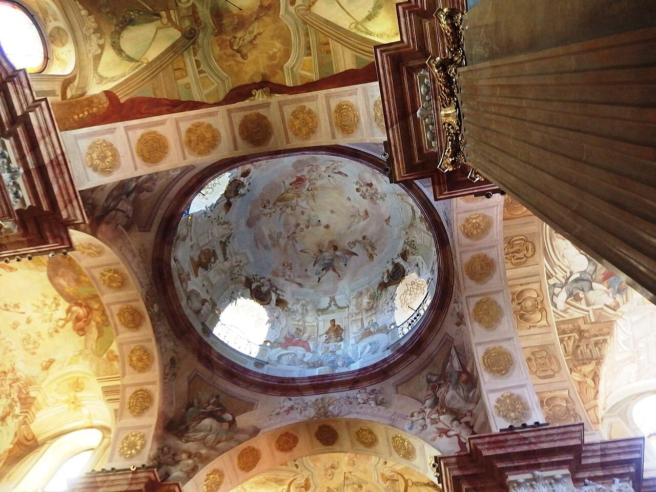 The painted dome of the Velehrad basilica with a fresco of an open heaven