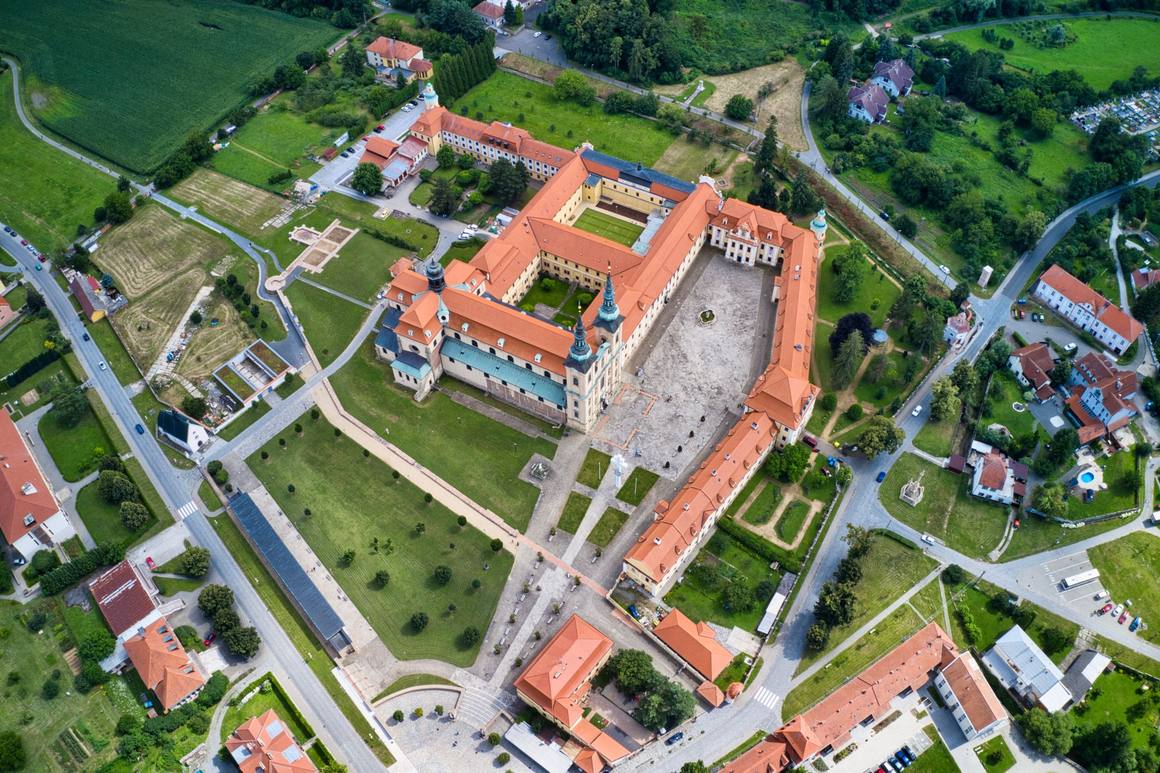 Aerial view of the former Cistercian monastery and basilica at Velehrad among fields and village houses