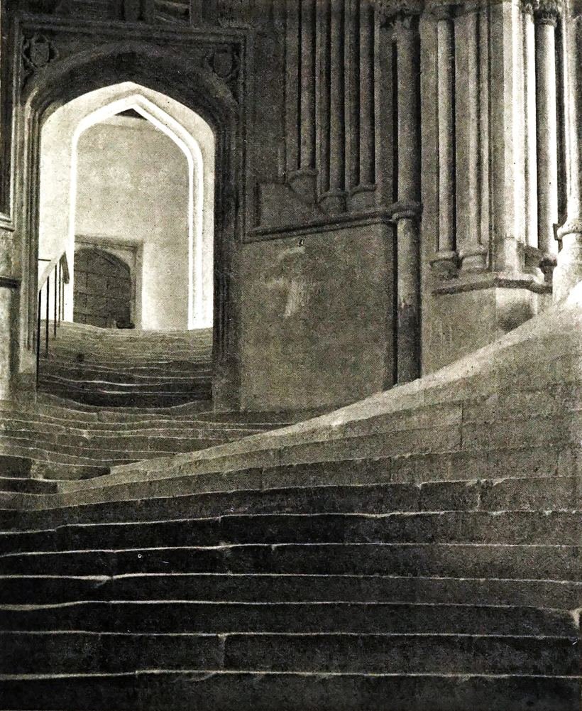 The worn chapter house stairs at Wells Cathedral, the Sea of Steps