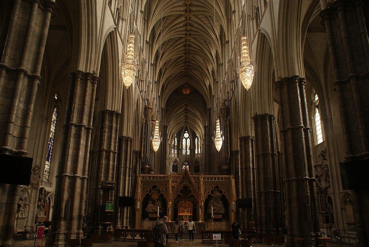 The high vaulted nave of Westminster Abbey looking east