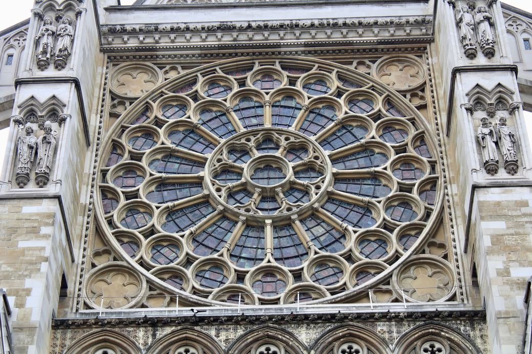 The north transept front of Westminster Abbey with its rose window