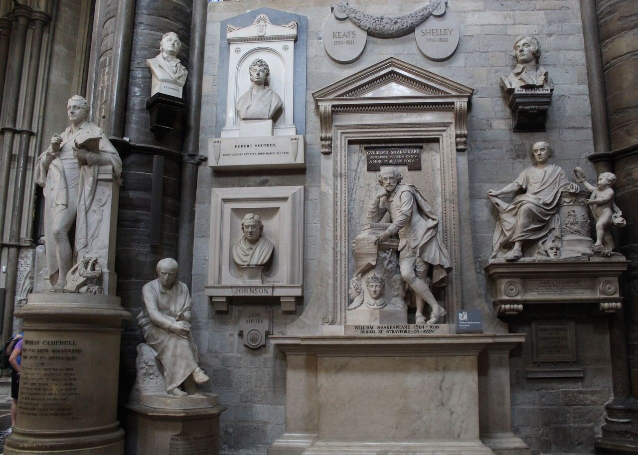 Memorials and busts in Poets' Corner, Westminster Abbey