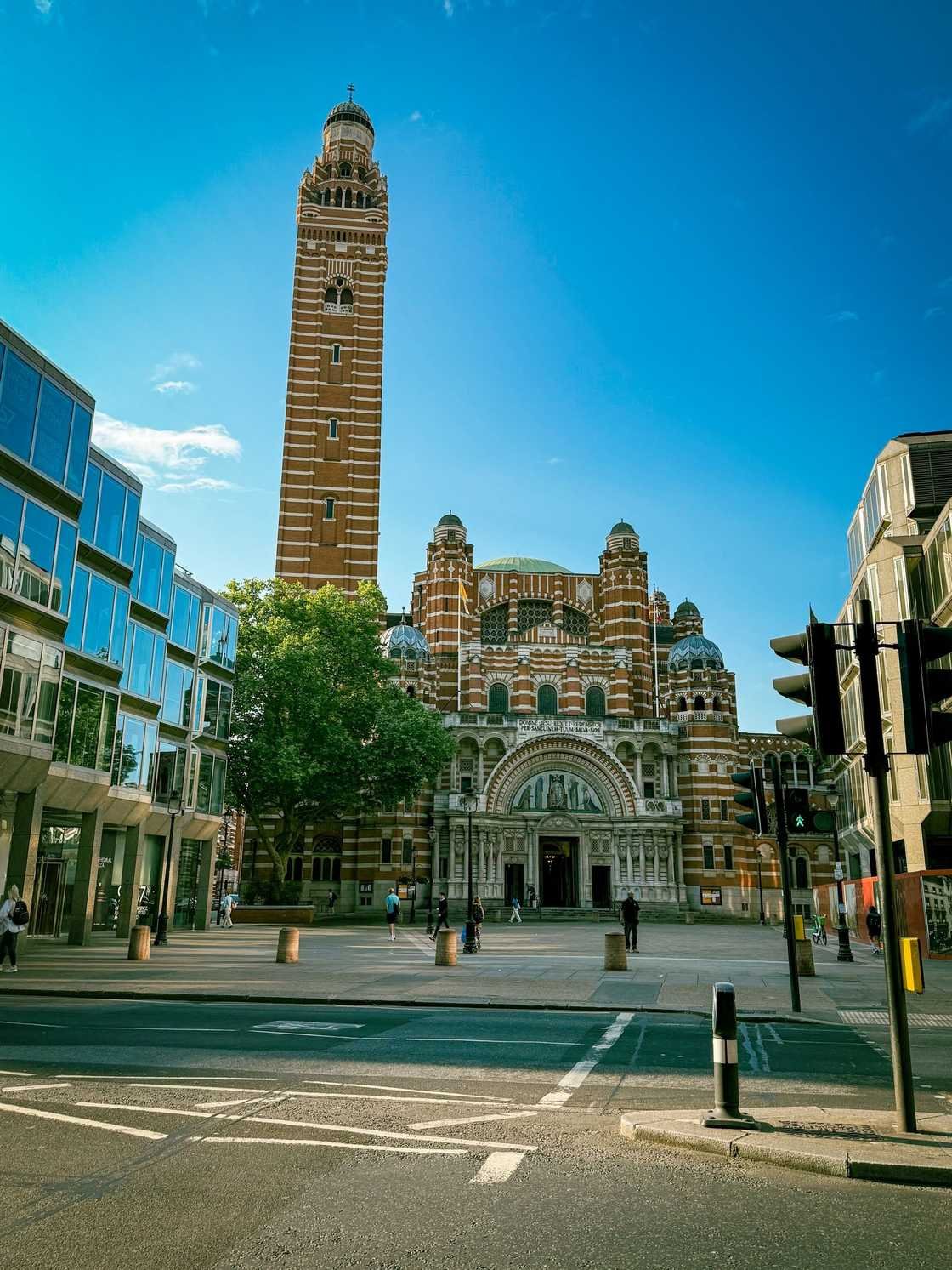 Westminster Cathedral's striped brick exterior against a clear London sky