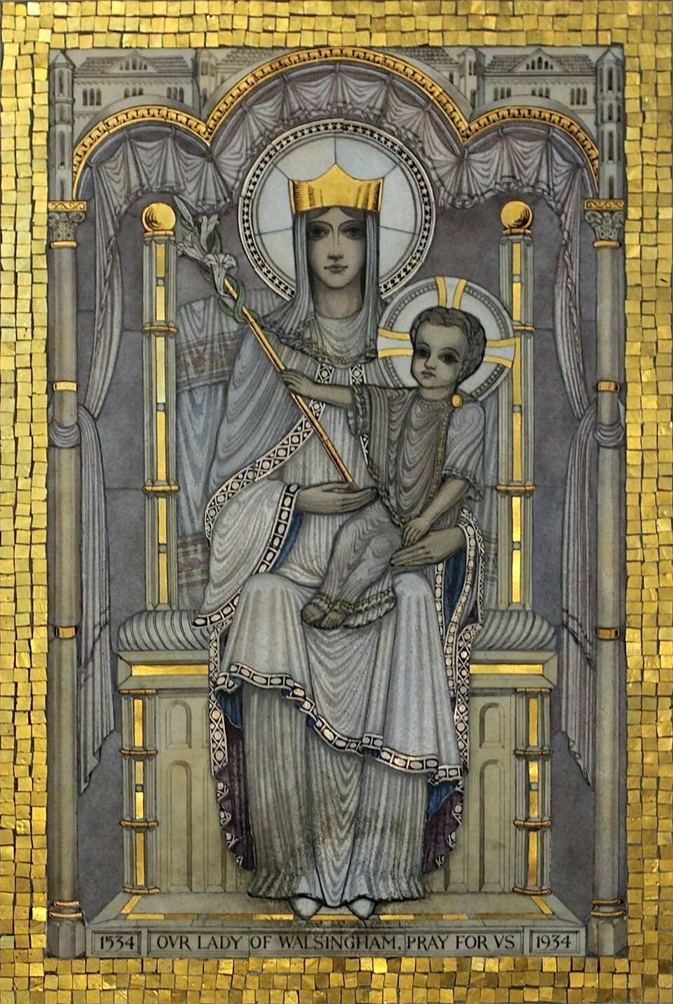 A gold Byzantine-style mosaic of the Madonna and Child inside Westminster Cathedral