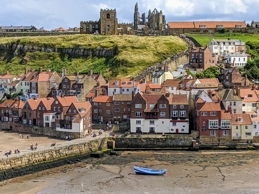 Whitby's red-roofed old town below the East Cliff, with St Mary's Church and the abbey on top