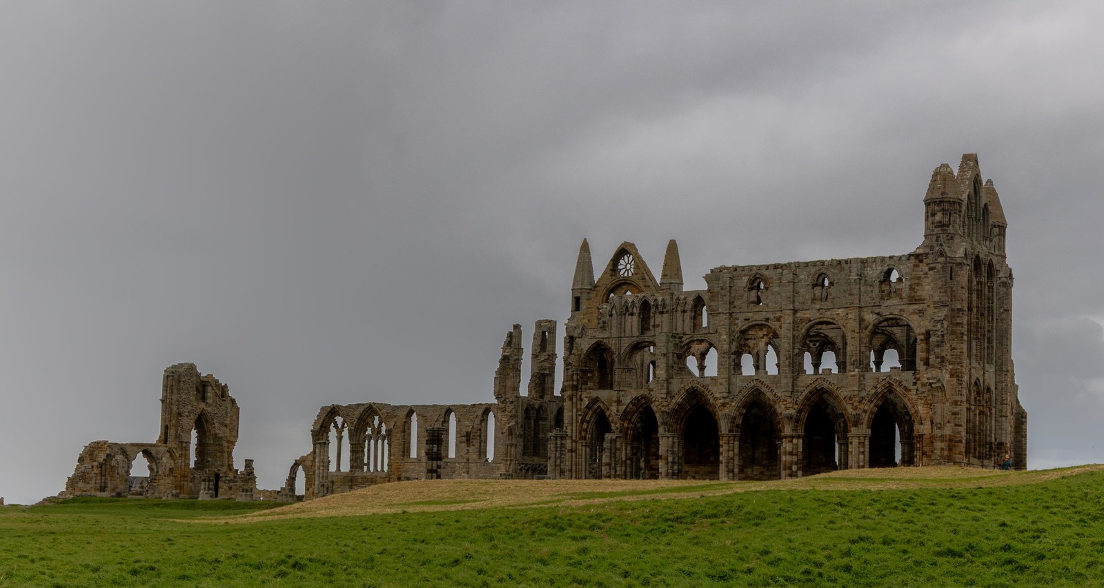 Whitby Abbey ruins seen across the open grass of the headland under a grey sky