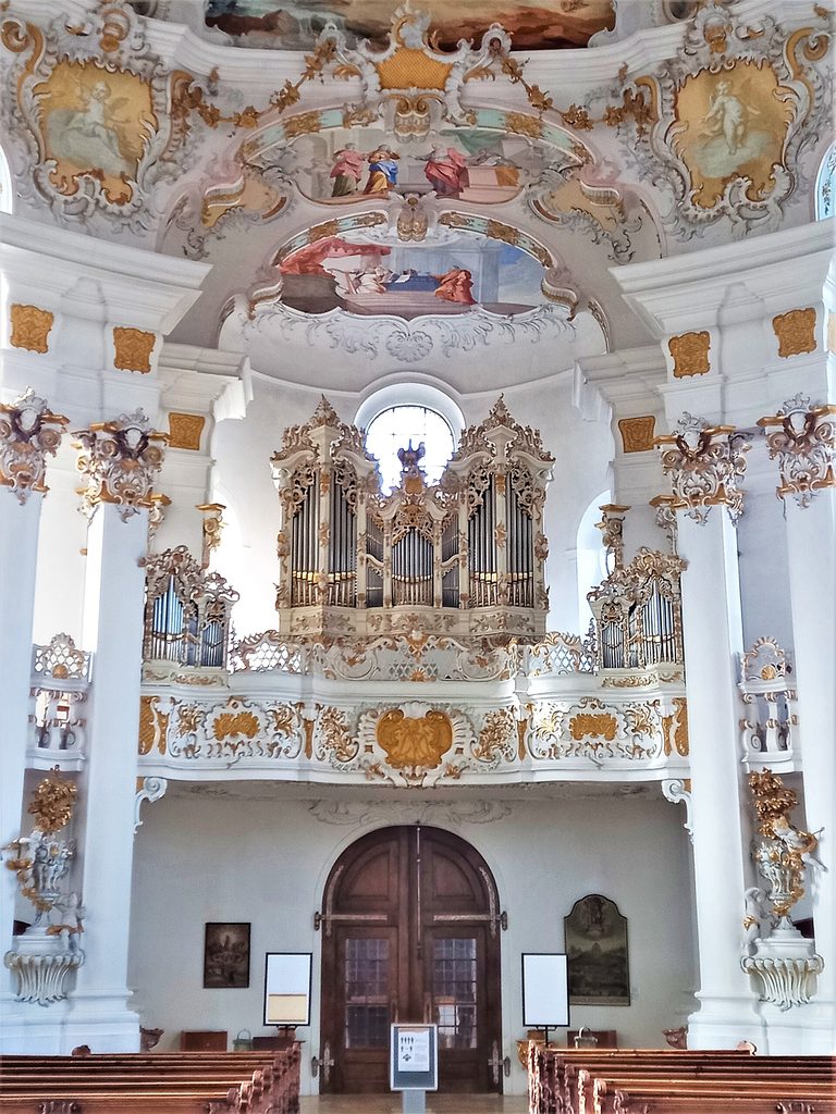 The organ gallery of the Wieskirche with its white and gold Rococo organ case above the west door