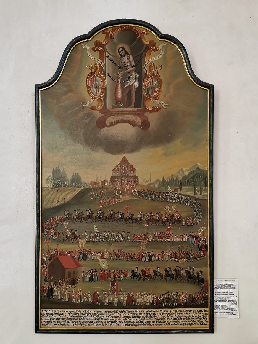 An 18th-century painting showing the story of the Wies pilgrimage, with the figure of the Scourged Saviour above a landscape and church