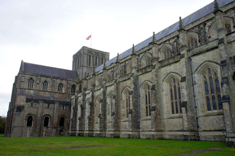 Winchester Cathedral's west front and long Gothic nave roofline