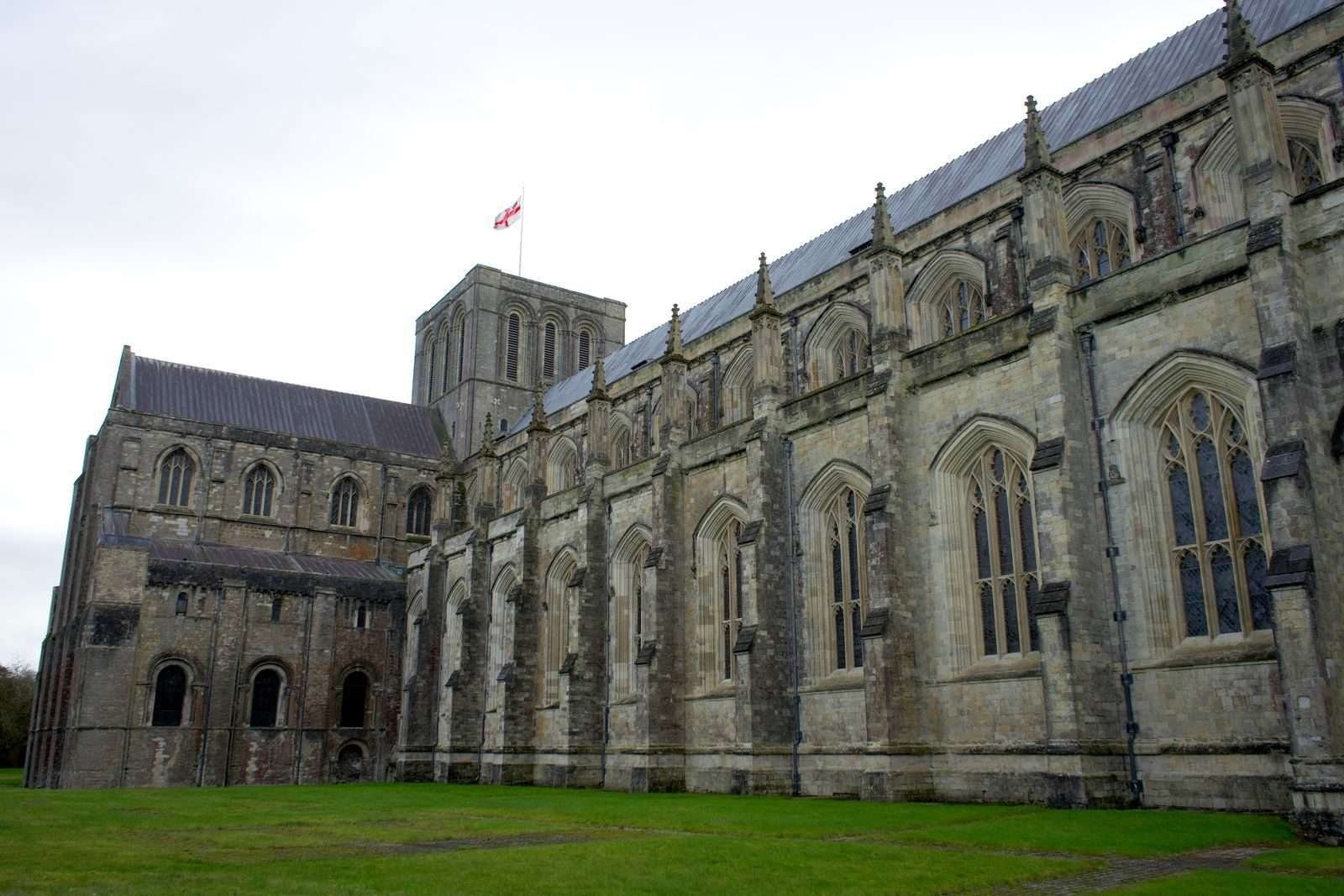 Winchester Cathedral's west front and long Gothic nave roofline