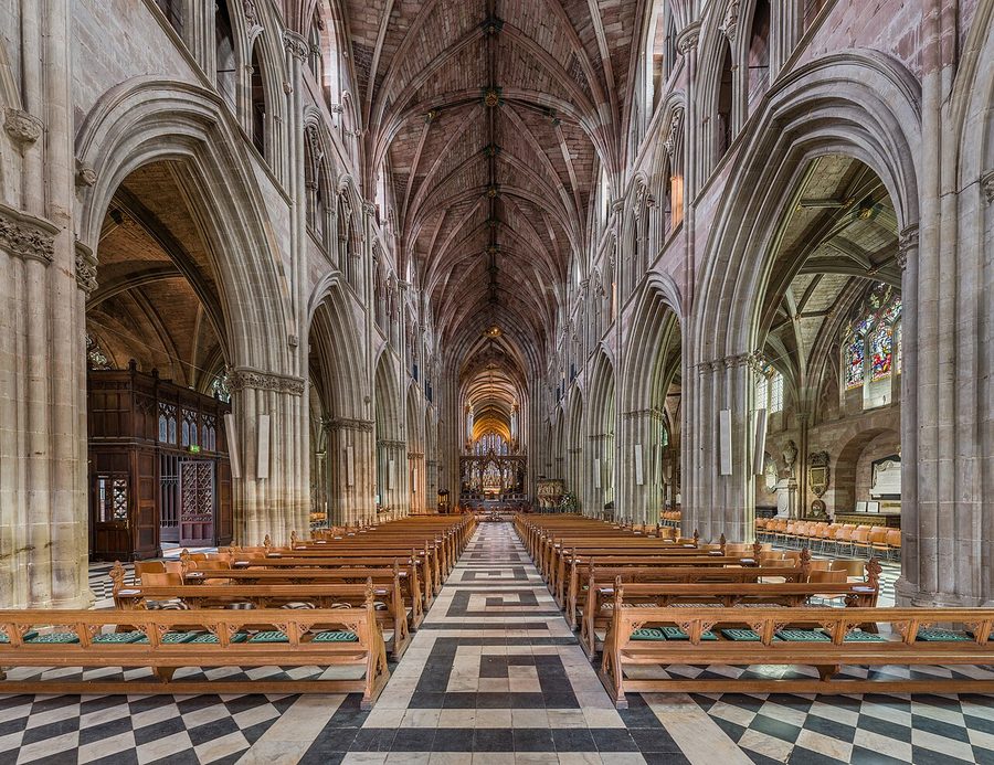 The long nave of Worcester Cathedral looking east towards the quire