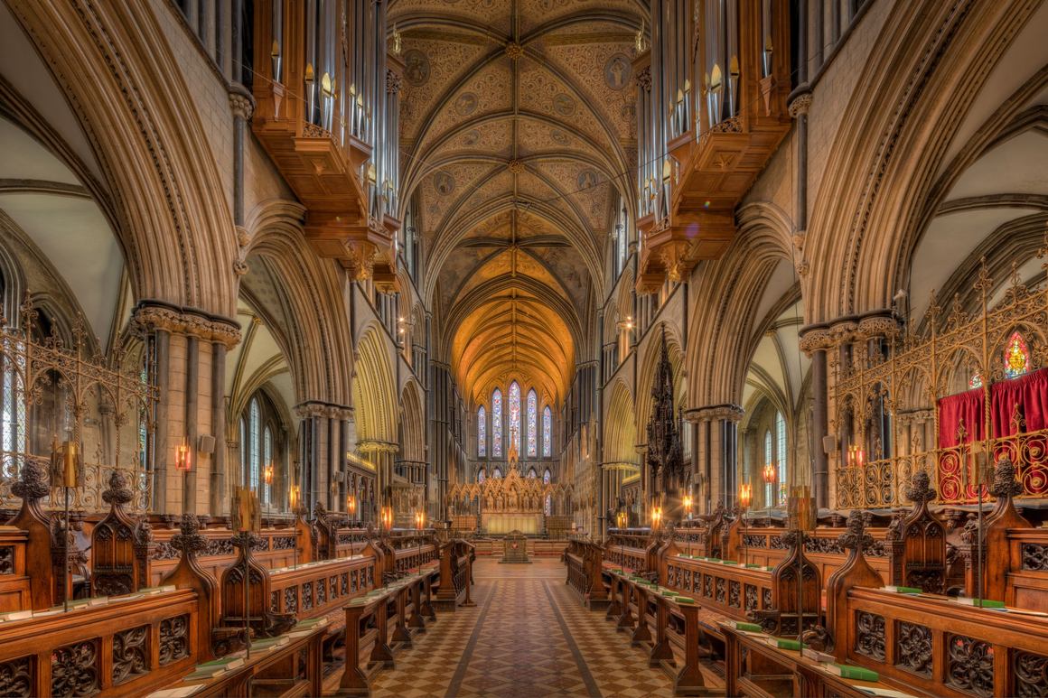 The richly furnished quire of Worcester Cathedral with its painted vault