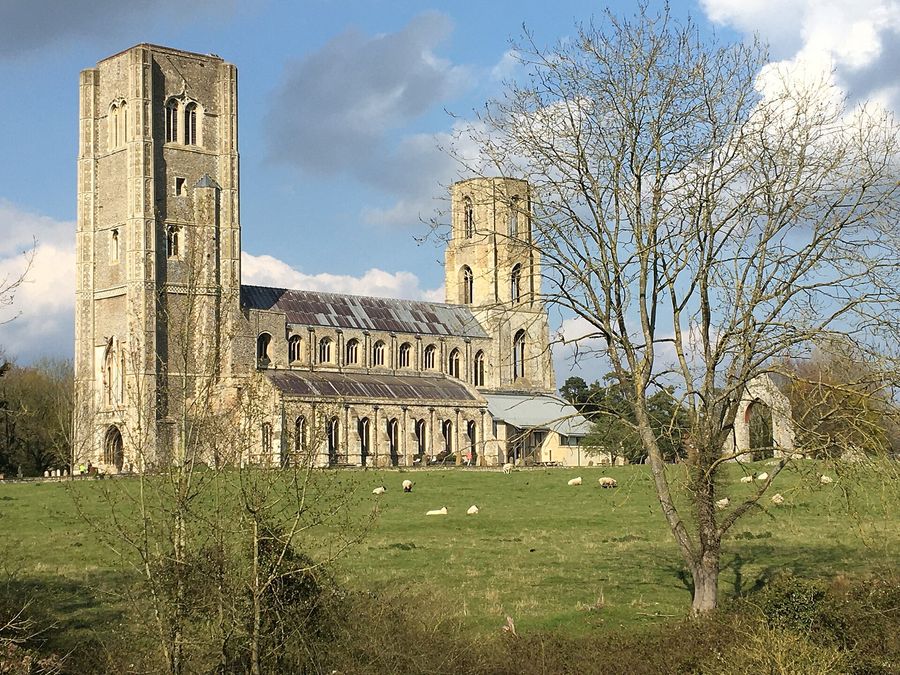 Wymondham Abbey seen across a meadow, with its great square west tower and the octagonal tower at the east end